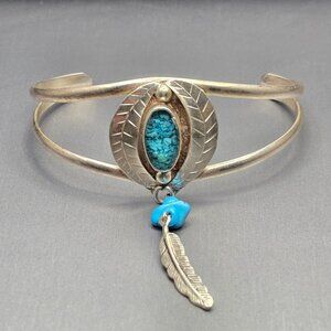 VTG Southwestern Sterling Silver Bracelet 6.75" Crushed Turquoise Feather Charm